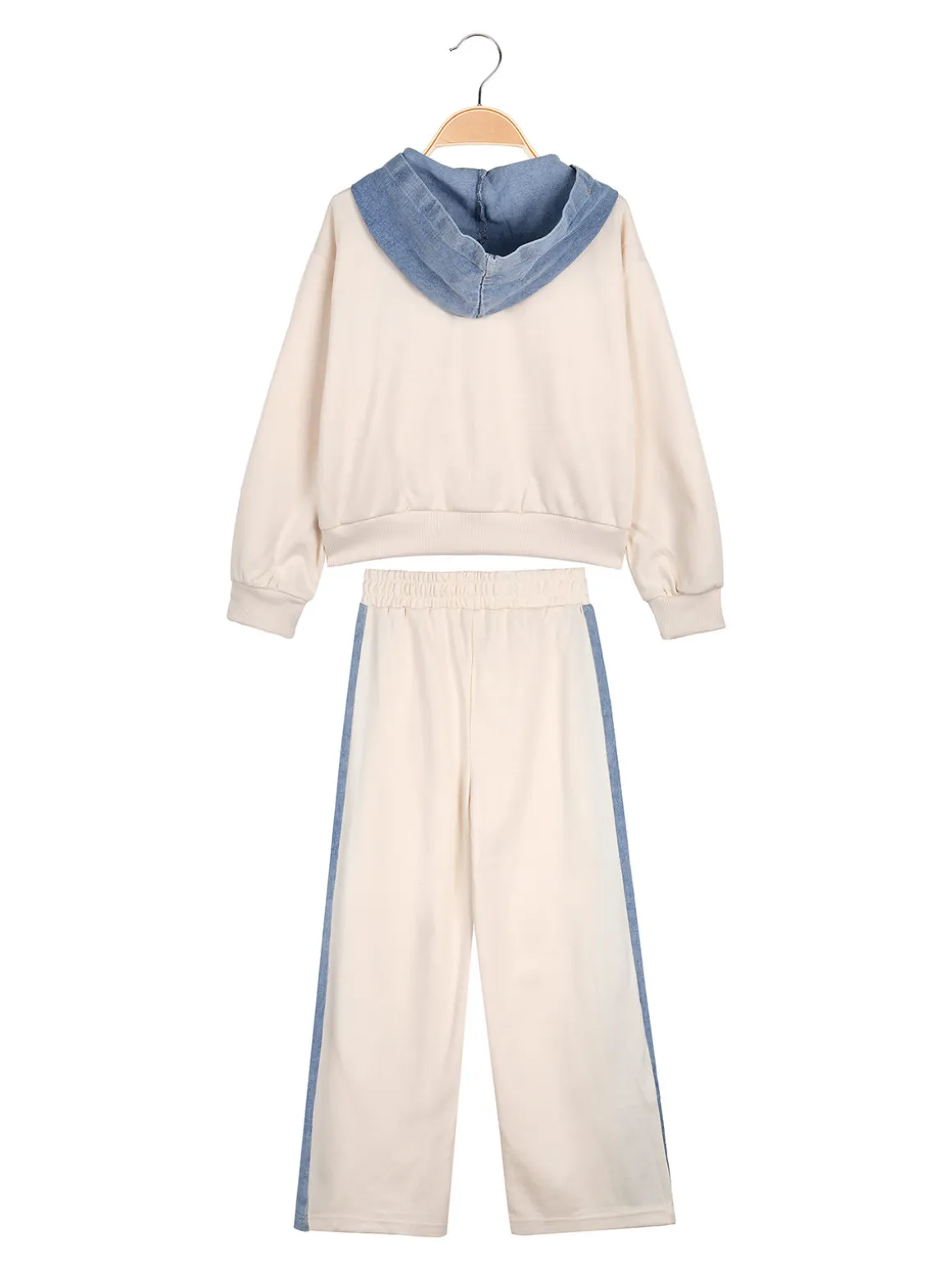 Miss Bellina Completo 2 pezzi da bambina a gamba larga con cappuccio in jeans e zip - panna