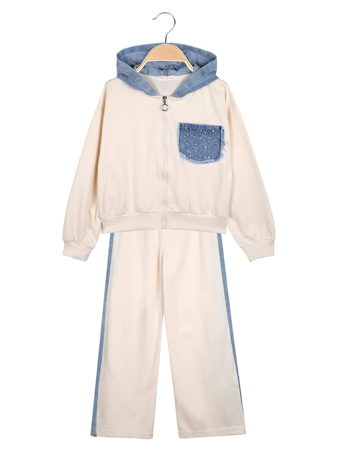 Miss Bellina Completo 2 pezzi da bambina a gamba larga con cappuccio in jeans e zip - panna