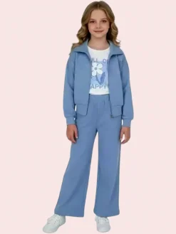 Miss Bellina Completo 3 pezzi da bambina con strass e zip - azzurro