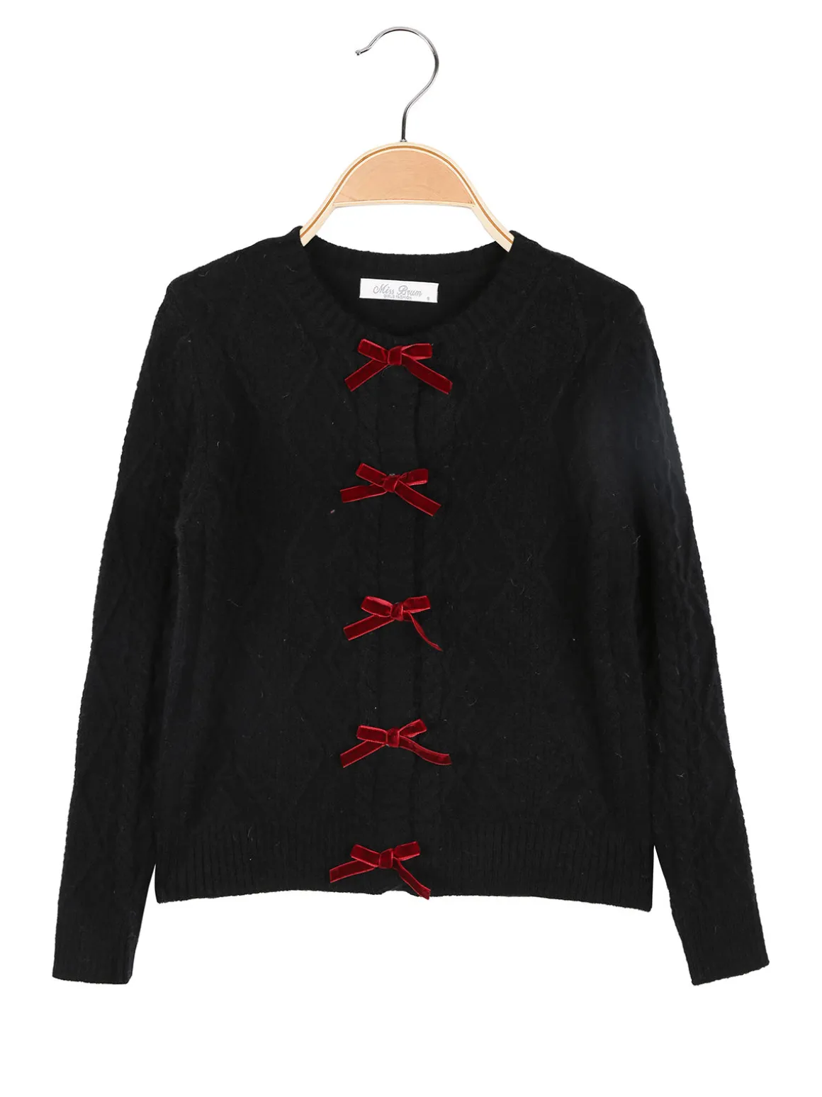 Miss Brum Cardigan da bambina in maglia con fiocchetti di velluto - nero