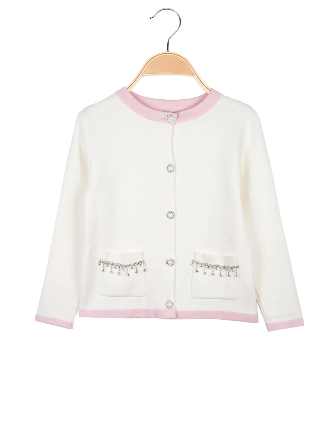 Miss Brum Cardigan da bambina in maglia con bottoni gioiello e taschini