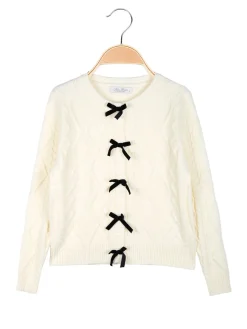 Miss Brum Cardigan da bambina in maglia con fiocchetti di velluto - panna