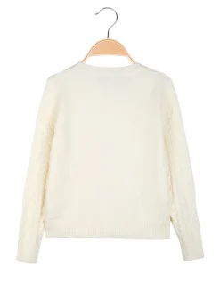Miss Brum Cardigan da bambina in maglia con fiocchetti di velluto - panna