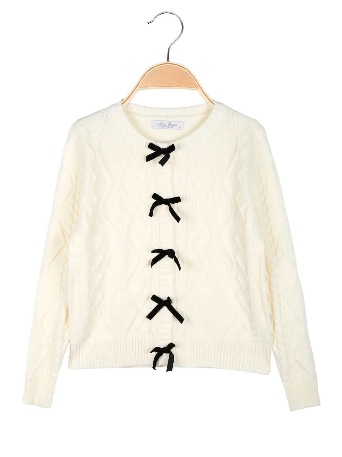 Miss Brum Cardigan da bambina in maglia con fiocchetti di velluto - panna