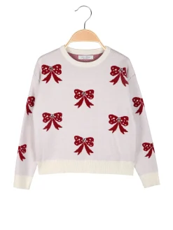 Miss Brum Maglione girocollo da bambina con strass - panna