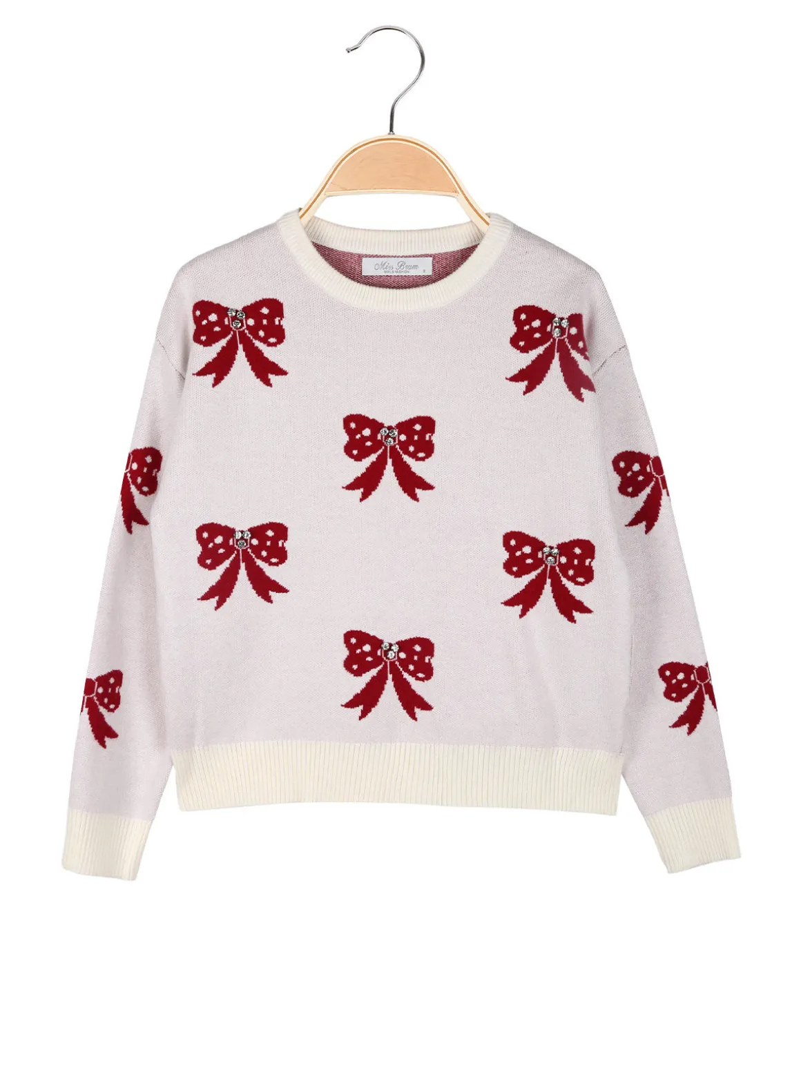 Miss Brum Maglione girocollo da bambina con strass - panna