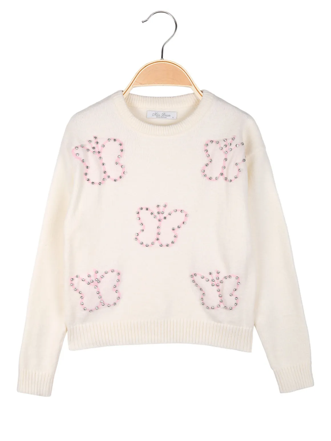 Miss Brum Maglione girocollo da bambina con strass - panna