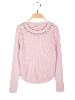 Miss Brum Pullover da bambina in maglia con girocollo di strass