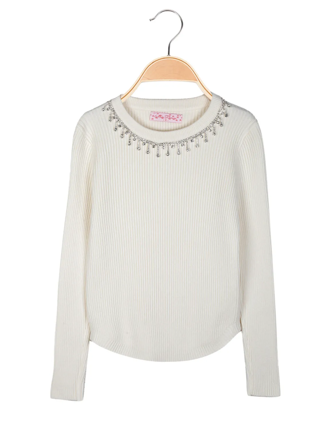 Miss Brum Pullover da bambina in maglia con girocollo di strass