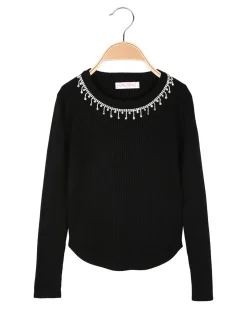 Miss Brum Pullover da bambina in maglia con girocollo di strass