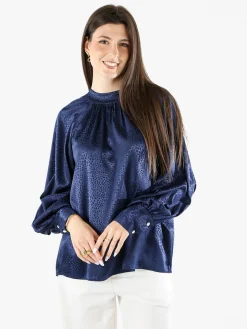 Miss E Co Blusa donna accollata a maniche lunghe linea curvy - blu