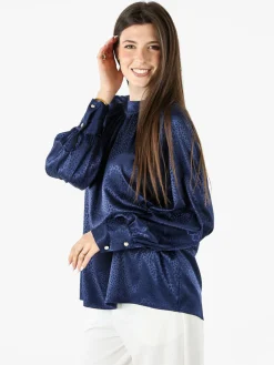Miss E Co Blusa donna accollata a maniche lunghe linea curvy - blu