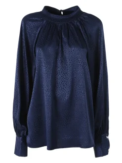 Miss E Co Blusa donna accollata a maniche lunghe linea curvy - blu