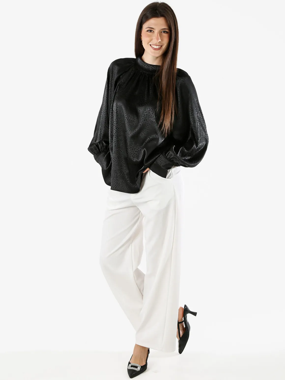 Miss E Co Blusa donna accollata a maniche lunghe linea curvy - nero