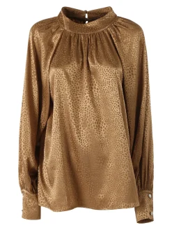 Miss E Co Blusa donna accollata a maniche lunghe linea curvy - marrone