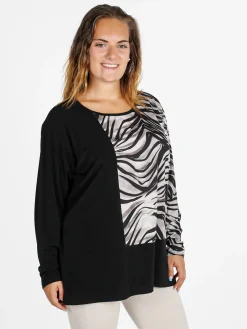 Miss E Co Blusa donna a maniche lunghe con stampa fantasia linea curvy - nero