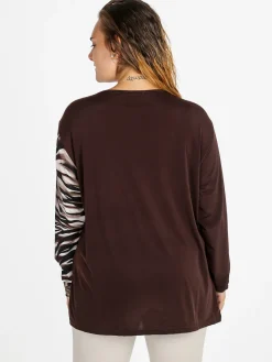 Miss E Co Blusa donna a maniche lunghe con stampa fantasia linea curvy - moro