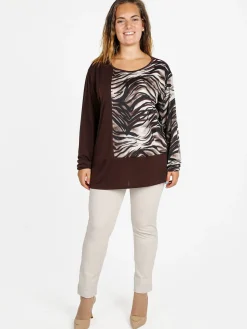 Miss E Co Blusa donna a maniche lunghe con stampa fantasia linea curvy - moro