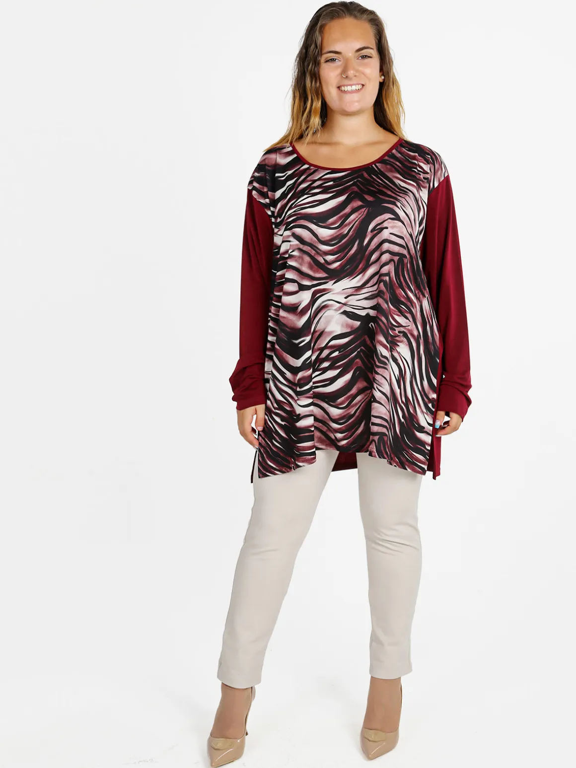 Miss E Co Blusa donna fantasia con spalline imbottite linea curvy - bordeaux
