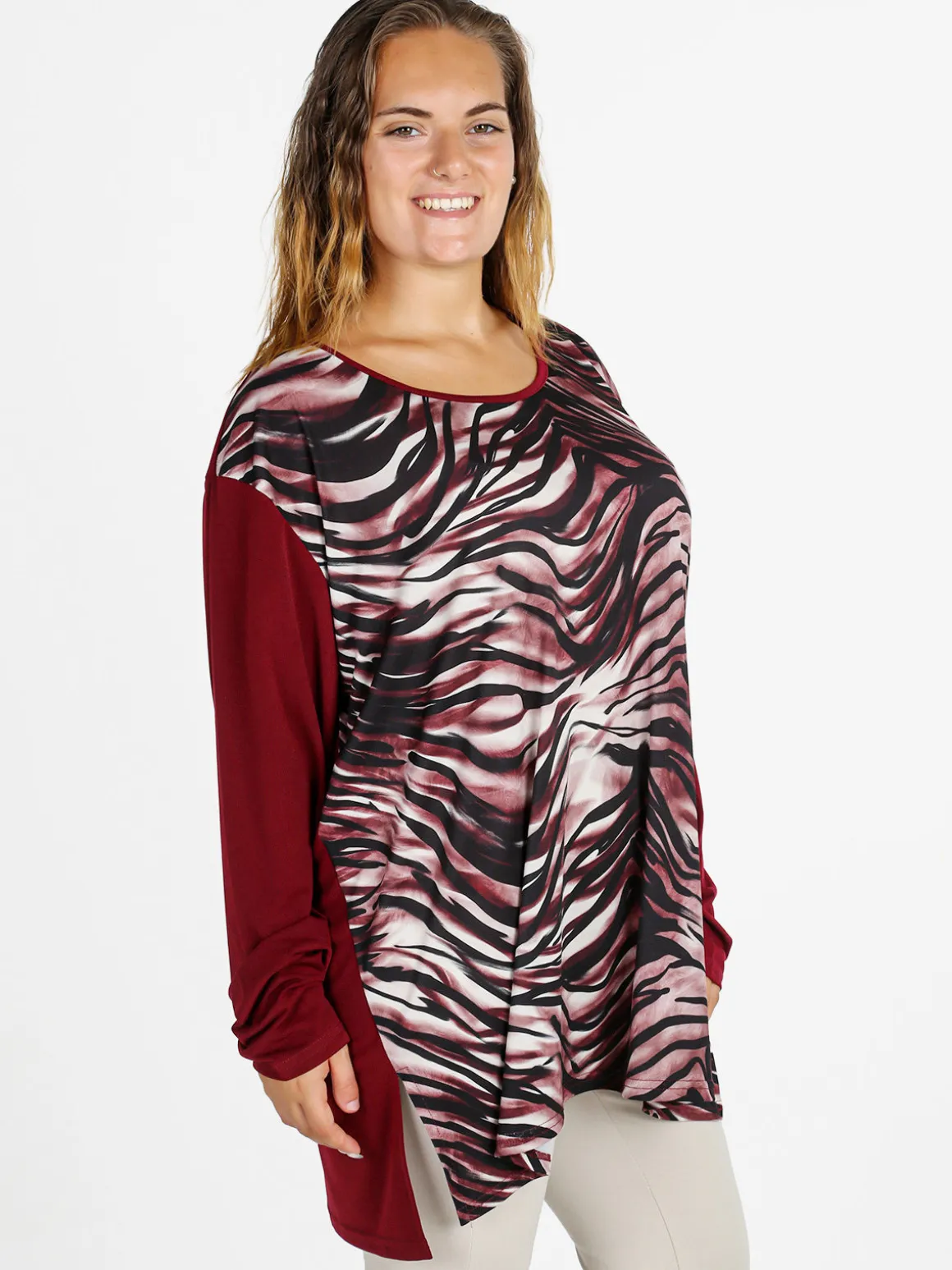 Miss E Co Blusa donna fantasia con spalline imbottite linea curvy - bordeaux