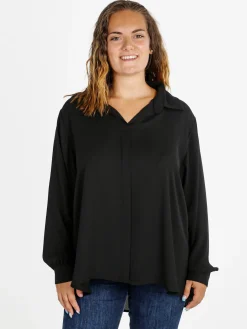 Miss E Co Camicia donna a maniche lunghe con scollo a V linea curvy - nero