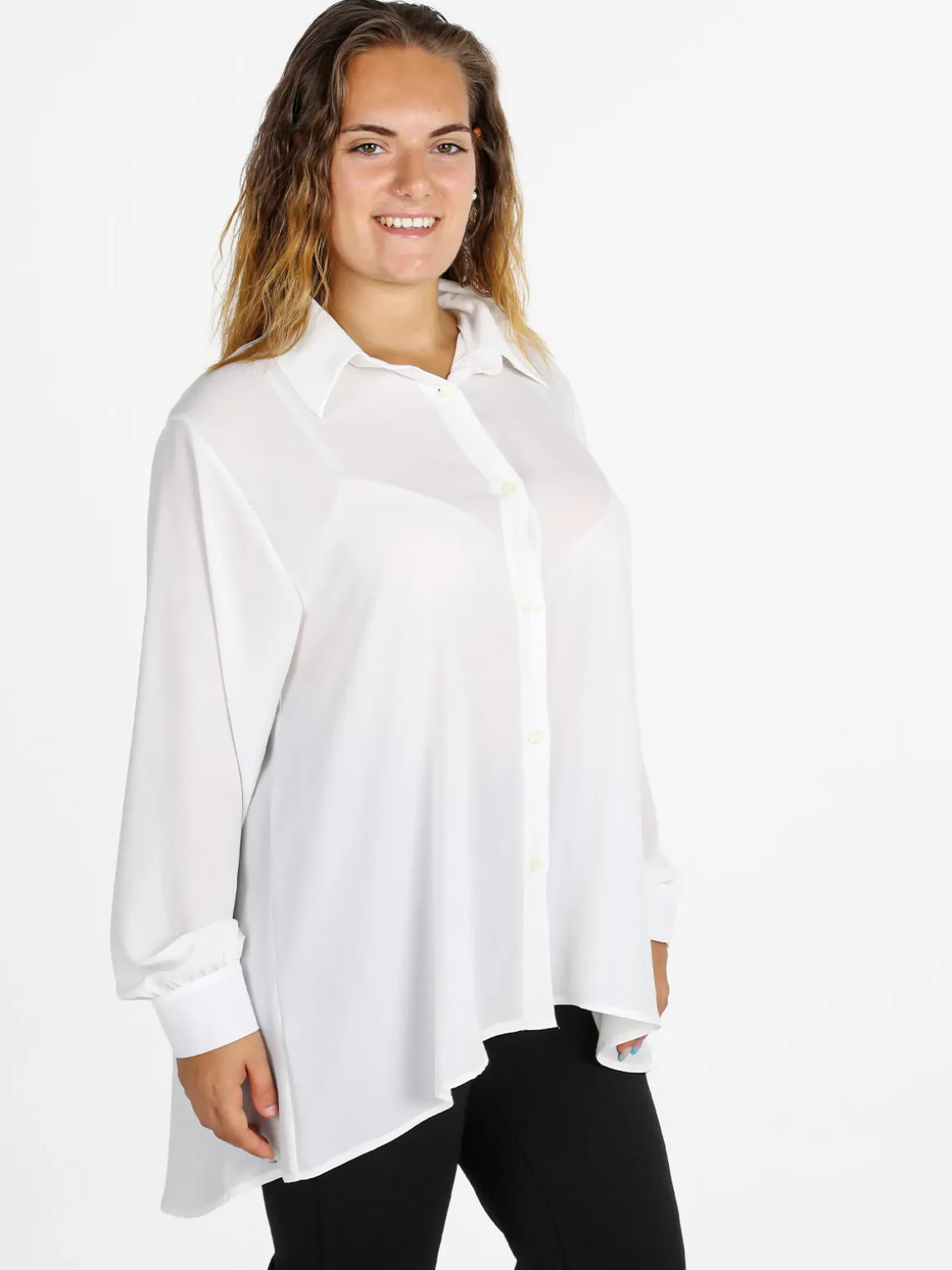 Miss E Co Camicia donna a maniche lunghe linea curvy - bianco