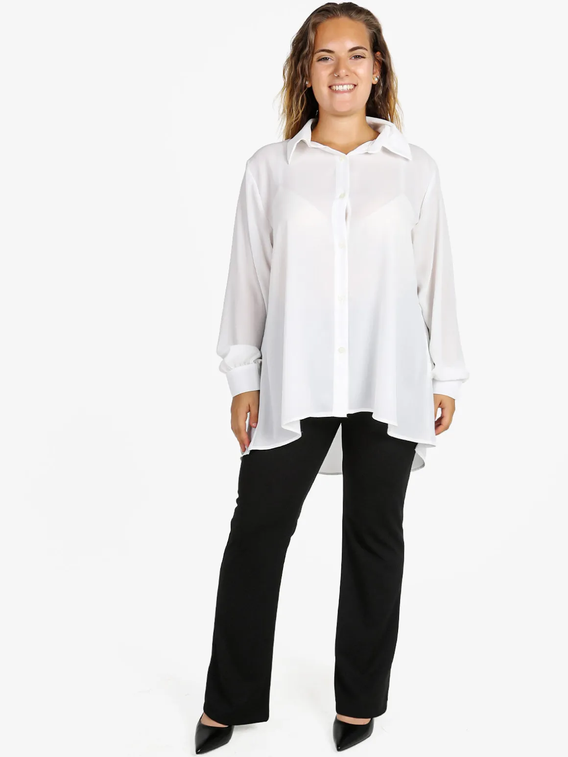 Miss E Co Camicia donna a maniche lunghe linea curvy - bianco