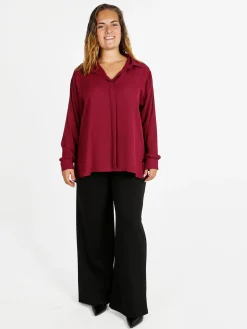 Miss E Co Camicia donna a maniche lunghe con scollo a V linea curvy - bordeaux