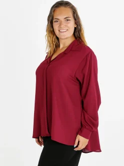 Miss E Co Camicia donna a maniche lunghe con scollo a V linea curvy - bordeaux