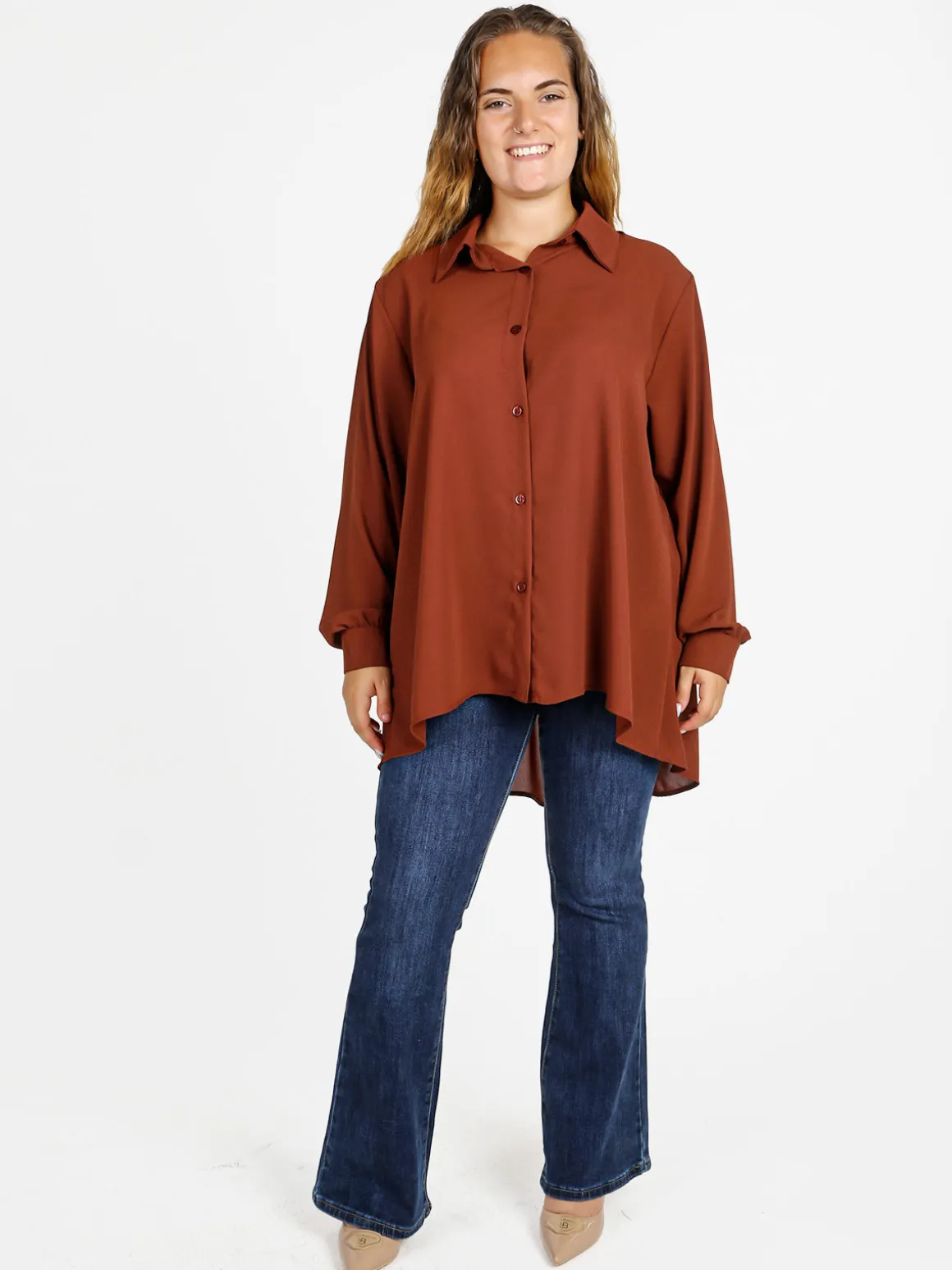 Miss E Co Camicia donna a maniche lunghe linea curvy - marrone