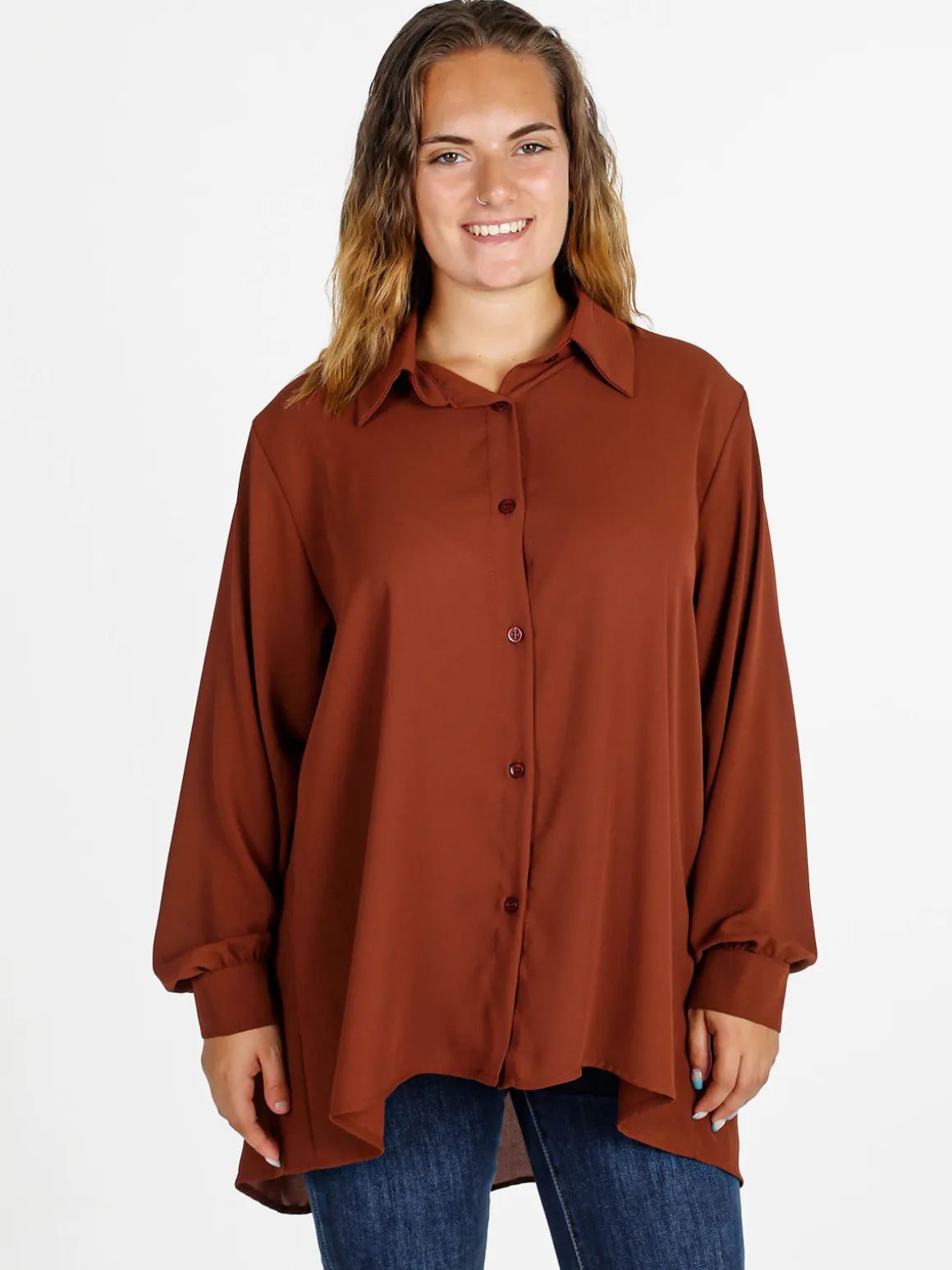 Miss E Co Camicia donna a maniche lunghe linea curvy - marrone