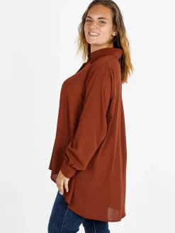 Miss E Co Camicia donna a maniche lunghe linea curvy - marrone