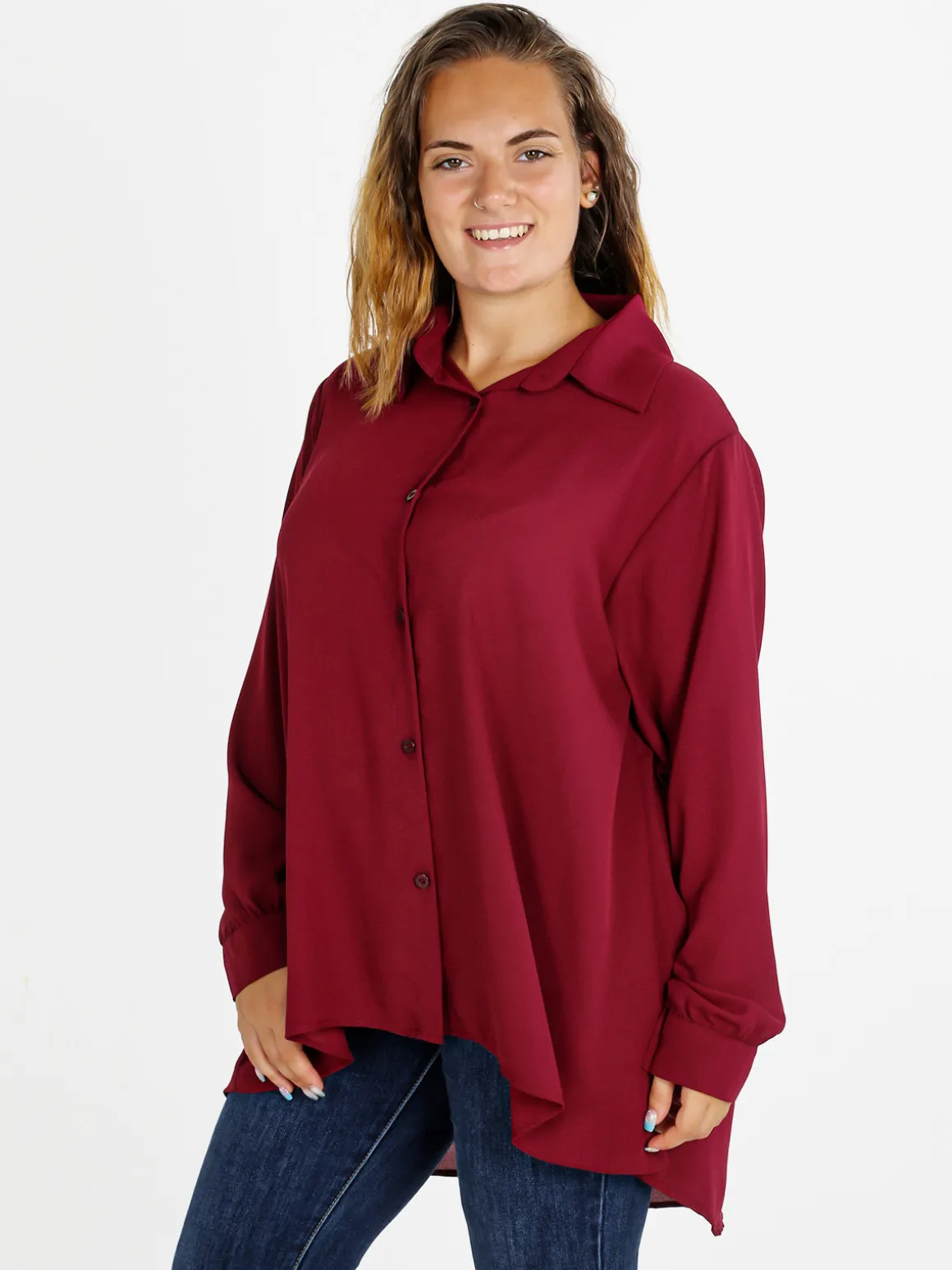 Miss E Co Camicia donna a maniche lunghe linea curvy - bordeaux