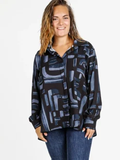Miss E Co Camicia donna fantasia a maniche lunghe con scollo a V linea curvy - blu scuro
