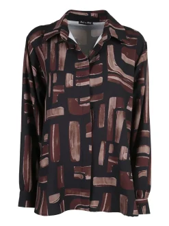 Miss E Co Camicia donna fantasia a maniche lunghe con scollo a V linea curvy - marrone