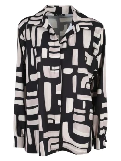Miss E Co Camicia donna fantasia a maniche lunghe con scollo a V linea curvy - beige