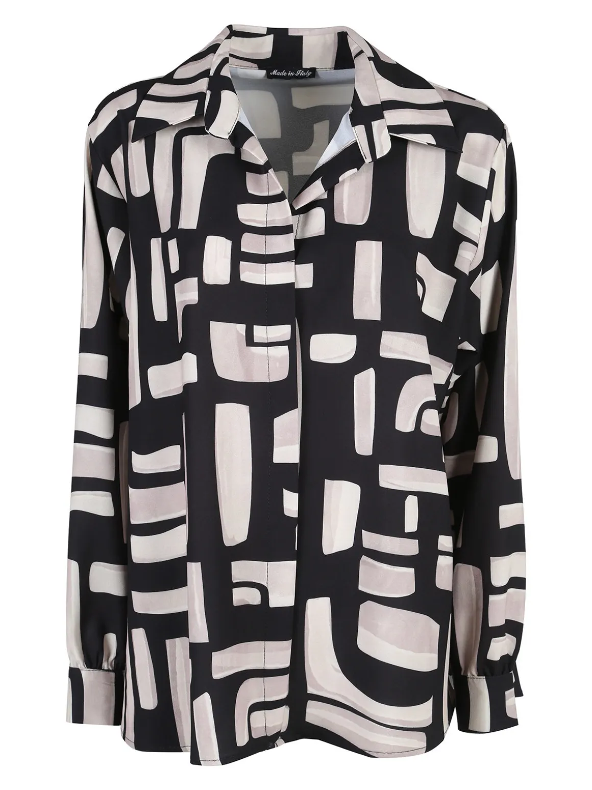 Miss E Co Camicia donna fantasia a maniche lunghe con scollo a V linea curvy - beige