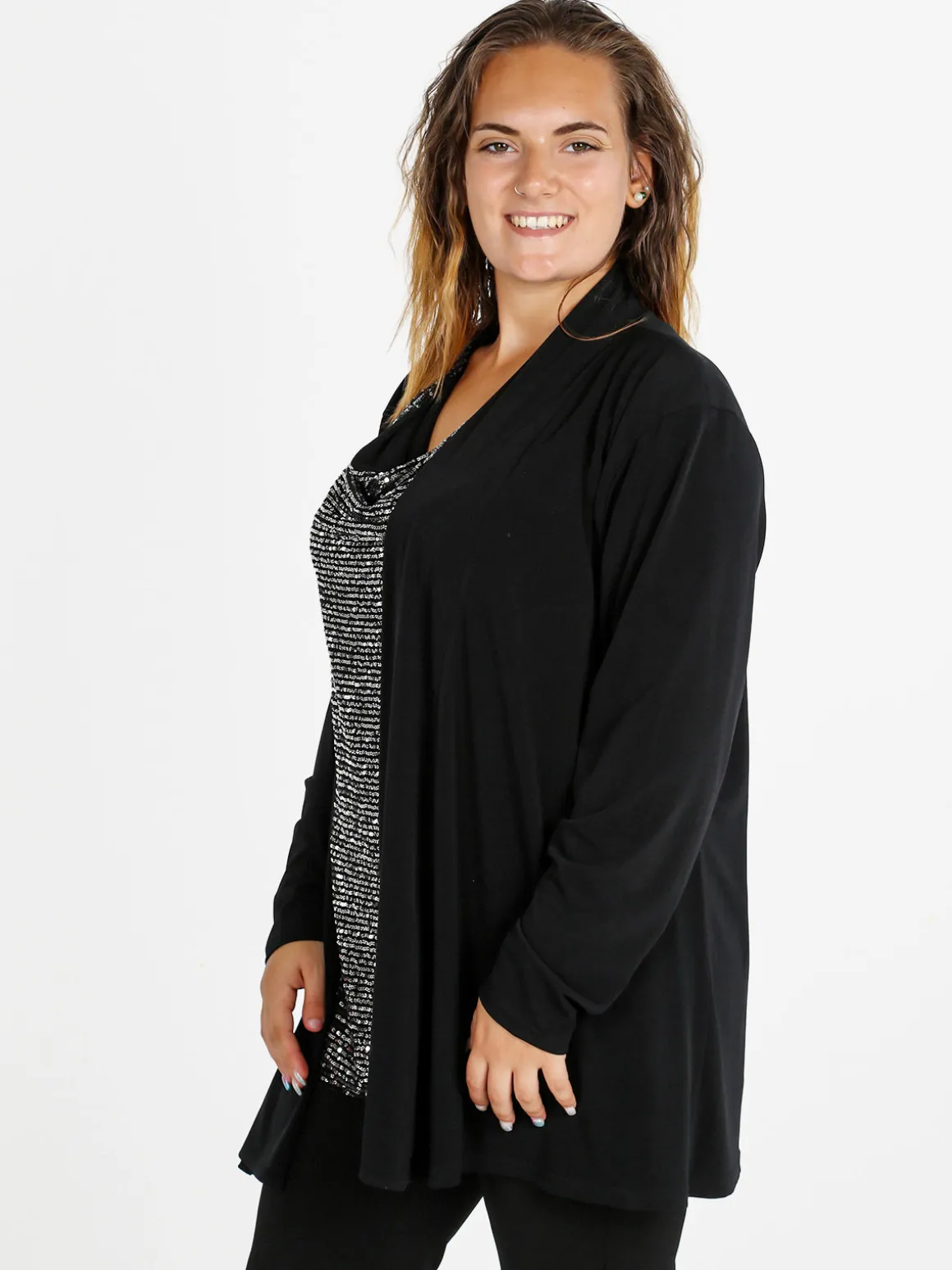 Miss E Co Cardigan donna aperto linea curvy - nero