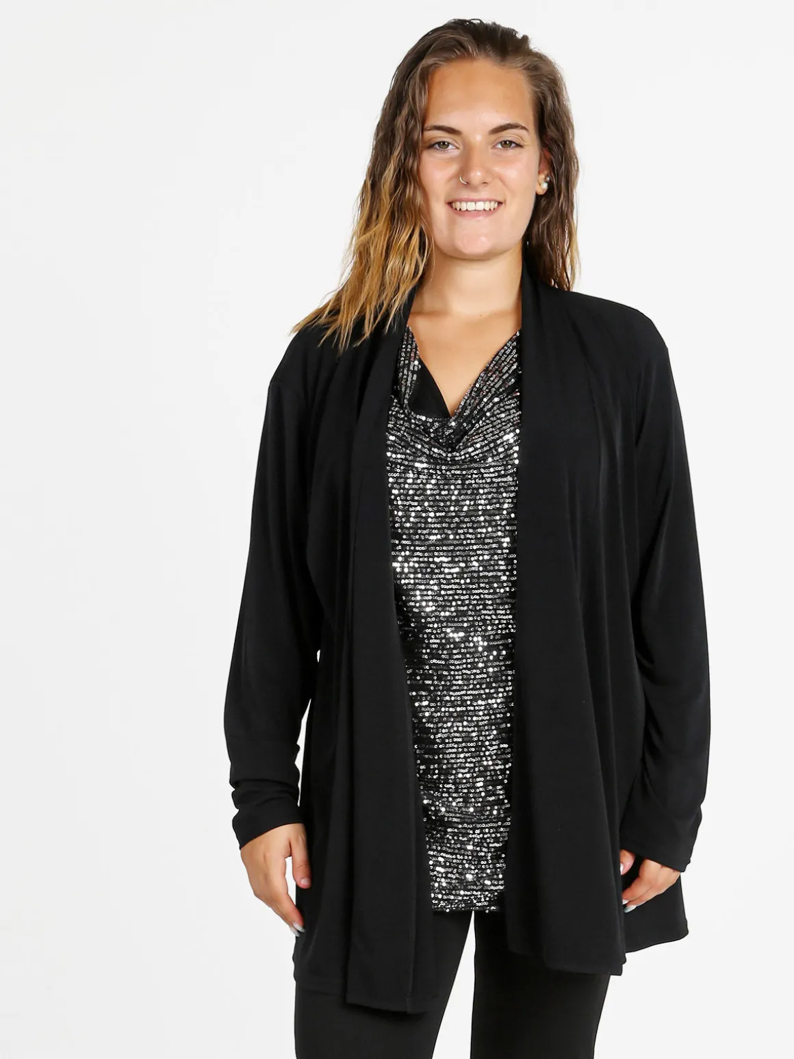 Miss E Co Cardigan donna aperto linea curvy - nero