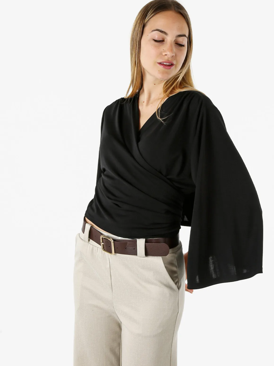 Miss E Co Coprispalle donna annodato con maniche corte a campana linea curvy - nero