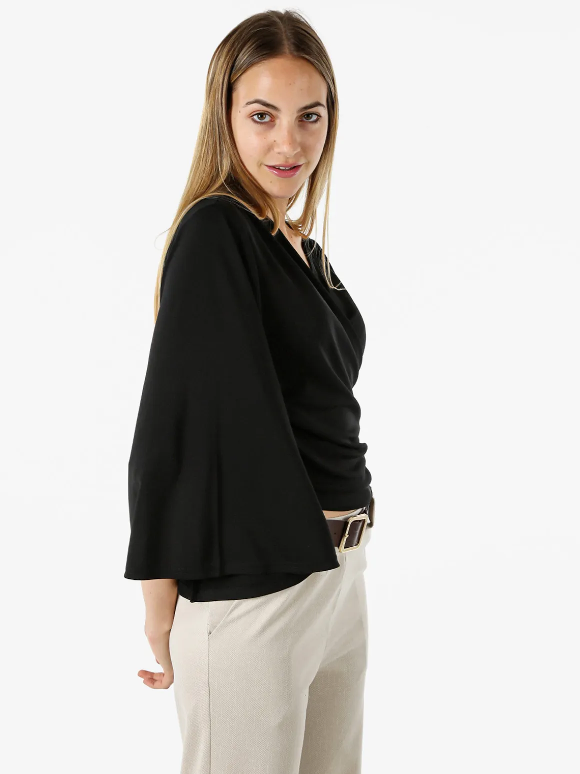 Miss E Co Coprispalle donna annodato con maniche corte a campana linea curvy - nero