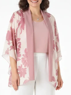 Miss E Co Set donna 2 pezzi con cardigan floreale e t-shirt in viscosa linea curvy - rosa