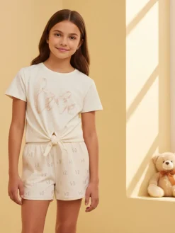 Miss Image Completo corto da bambina in cotone con t-shirt e shorts - beige