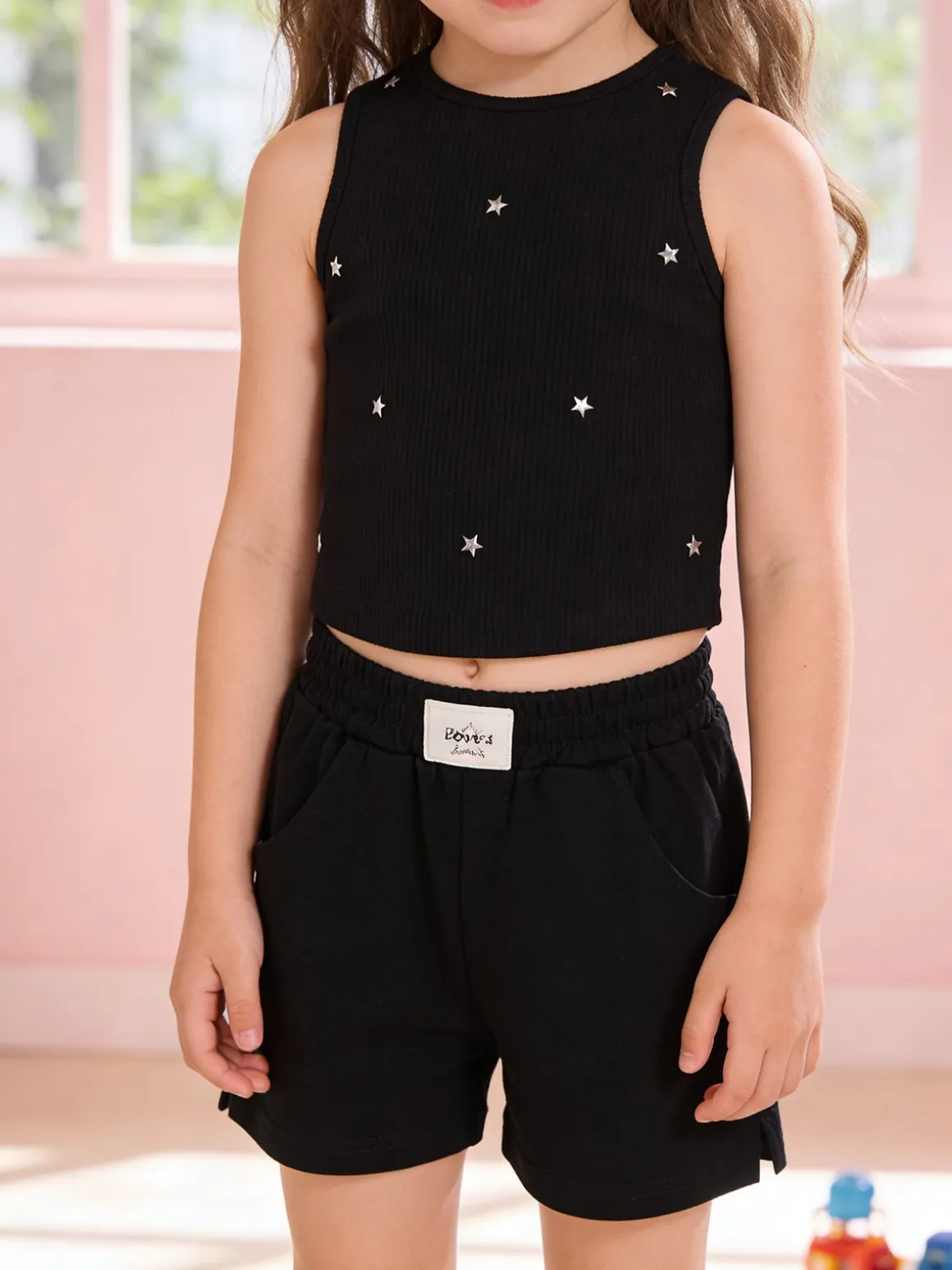 Miss Image Completo corto da ragazza con top a costine e shorts - nero