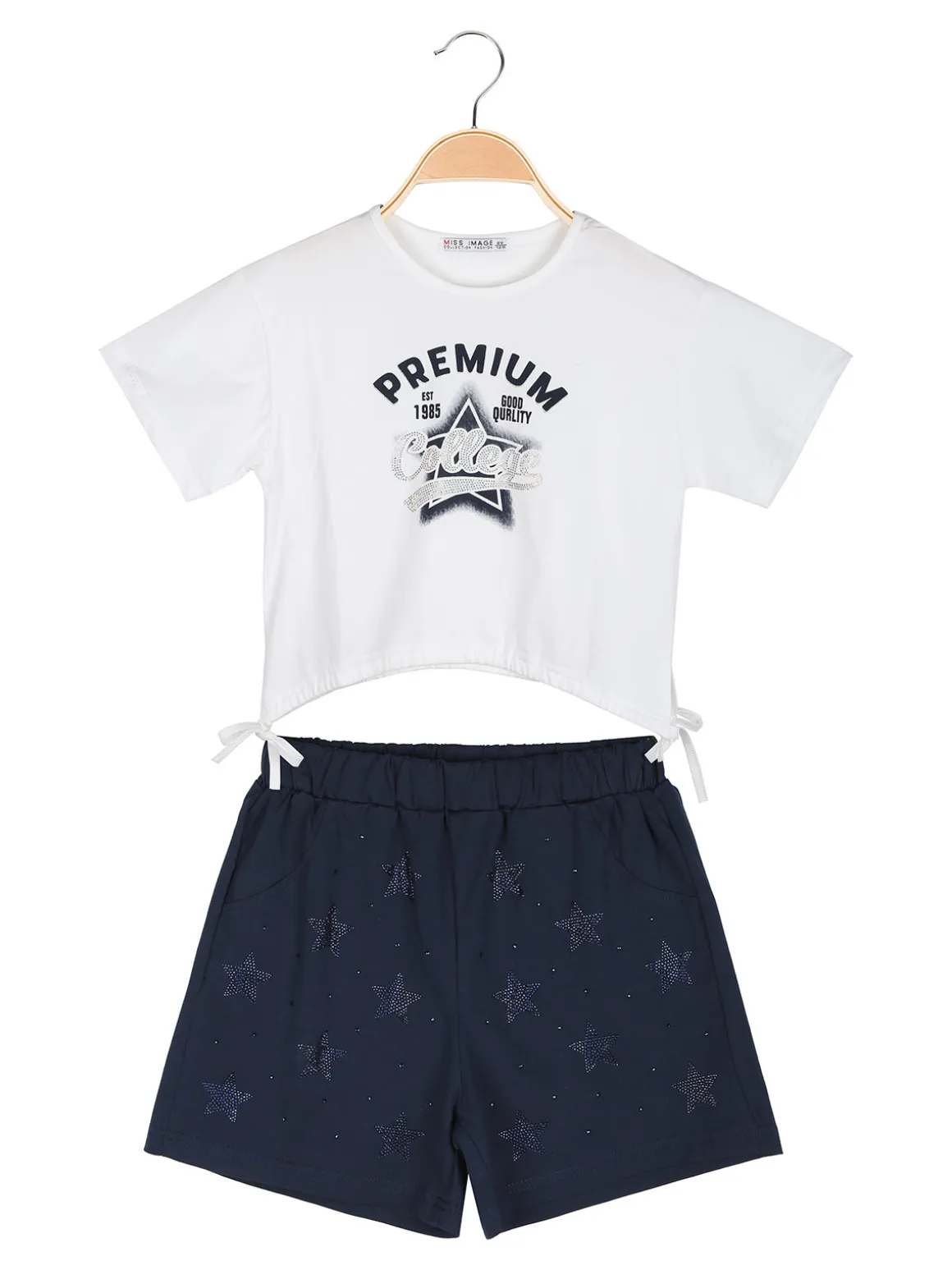 Miss Image Completo da ragazza 2 pezzi con t-shirt crop e shorts con strass