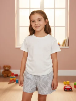 Miss Image Completo 2 pezzi da bambina con t-shirt e shorts ricamati - bianco