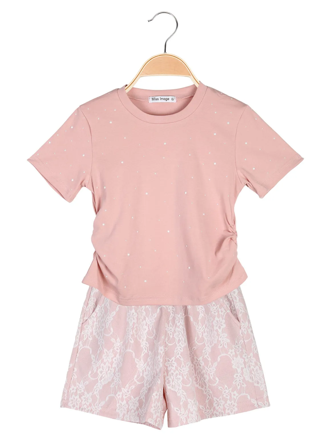 Miss Image Completo 2 pezzi da bambina con t-shirt e shorts ricamati - cipria
