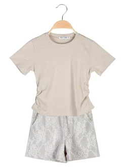 Miss Image Completo 2 pezzi da bambina con t-shirt e shorts ricamati - beige