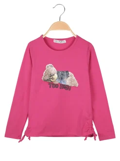 Miss Image T-shirt da ragazza a maniche lunghe con arricciature e stampa - fuxia