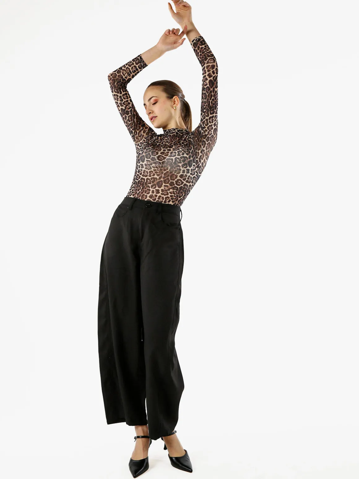 Miss Kimery Top body donna animalier a maniche lunghe - beige